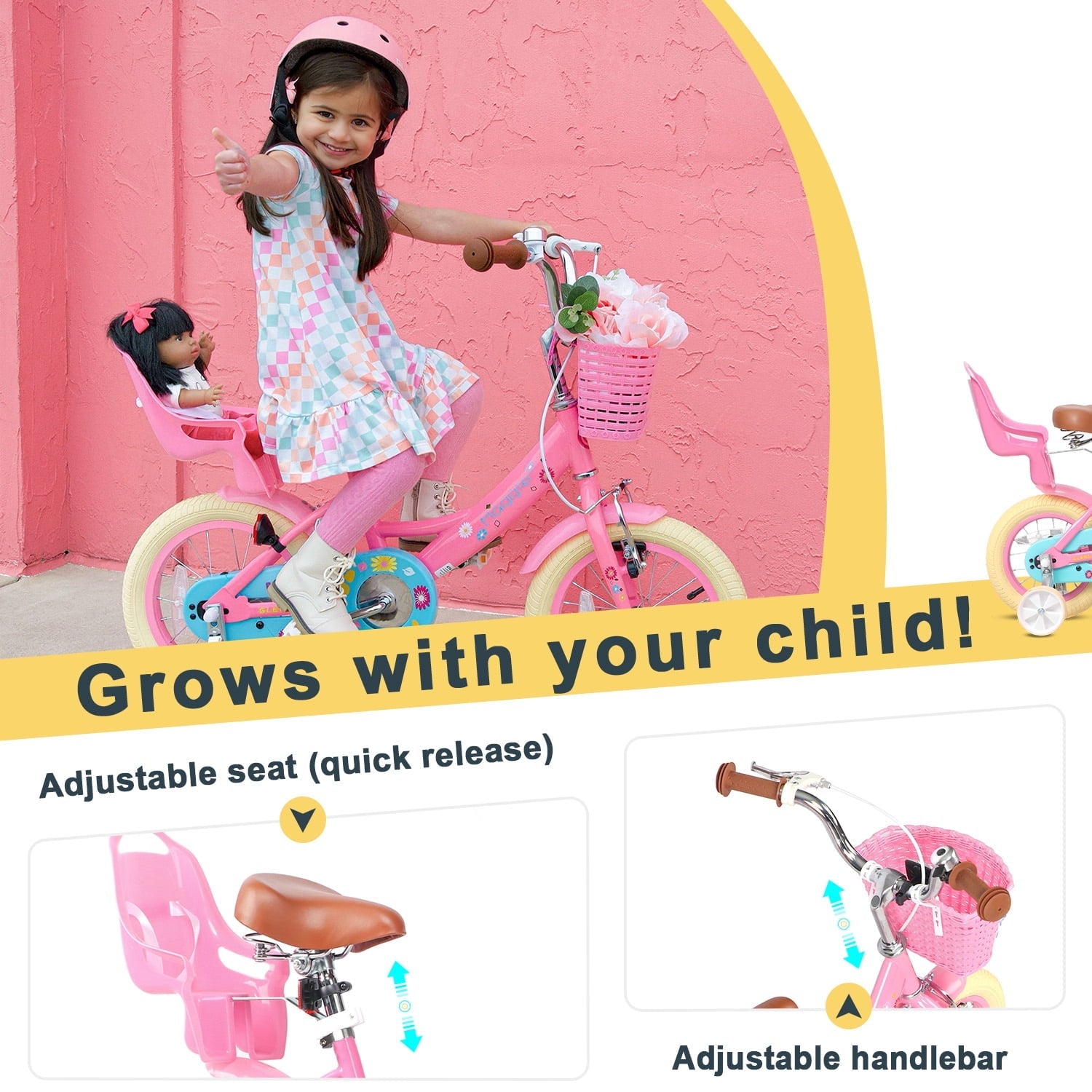 Glerc Maggie 14 inch Kids Girls Bike for Ages 3-5 Years Old Children, Princess Style Kids Bicycle with Doll-Seat & Basket & Training Wheels, Pink