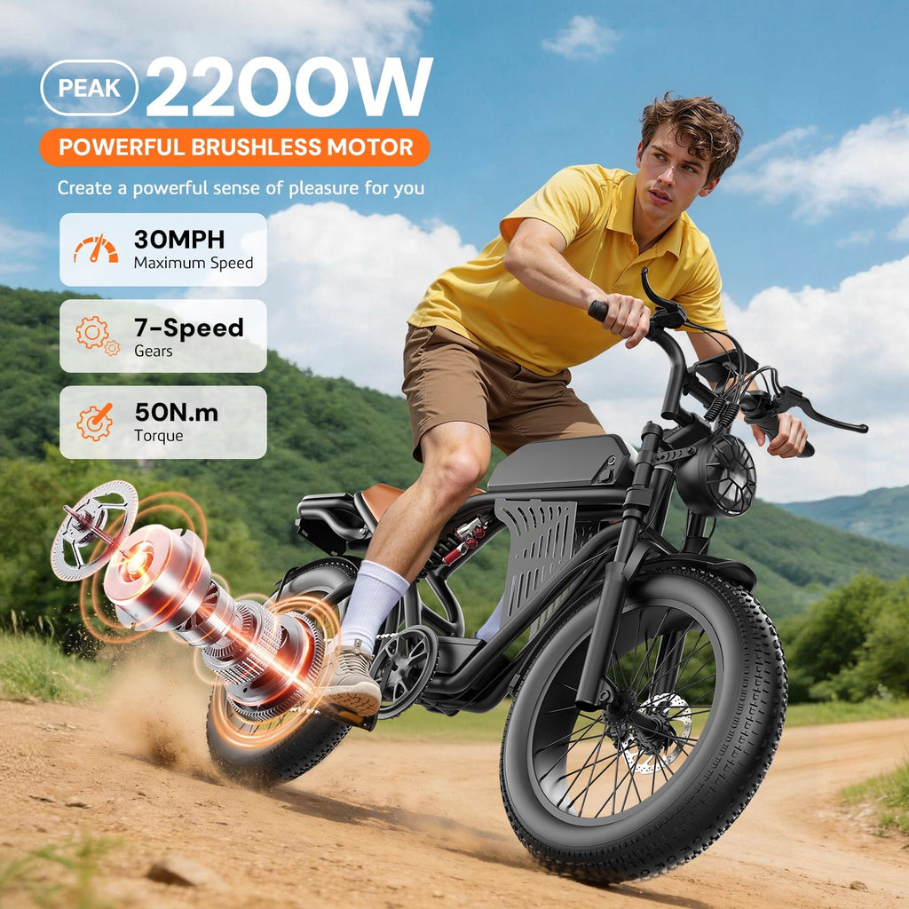 ASKGO Electric Bike for Adult, 2200W Peak Electric Dirt Bike, 100 Miles, 7 Speed Electric Motorcycle, 48V Removable Battery, 20 Fat Tire Off Road Ebike, Full Suspension Ebike for Snow/Beach/Mountain
