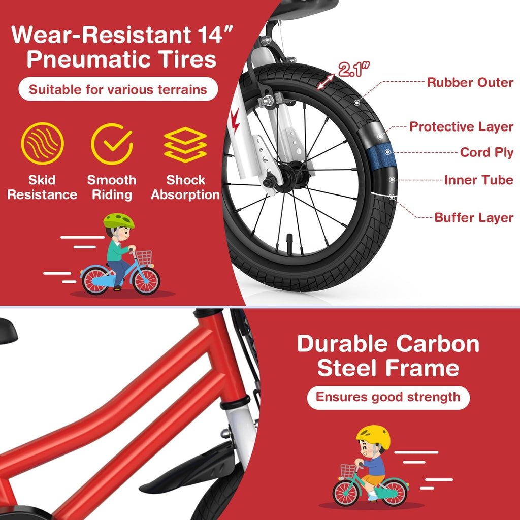 Costway 14'' Kid's Bike with Removable Training Wheels & Basket for 3-5 Years Old White