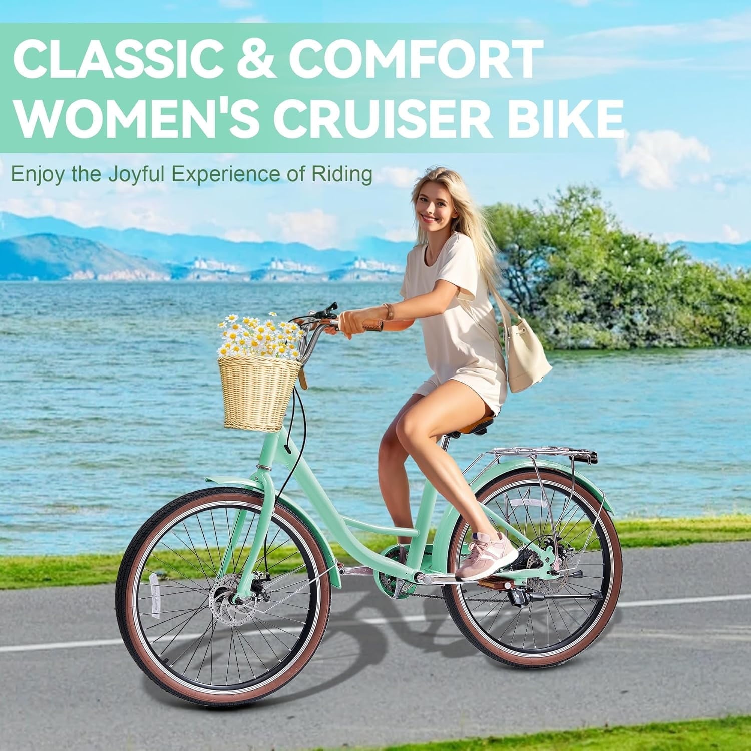 24 Beach Cruisers for Women, Pipleo Bikes for Women with Rattan Basket, 7-Speed & Step-Through Frame