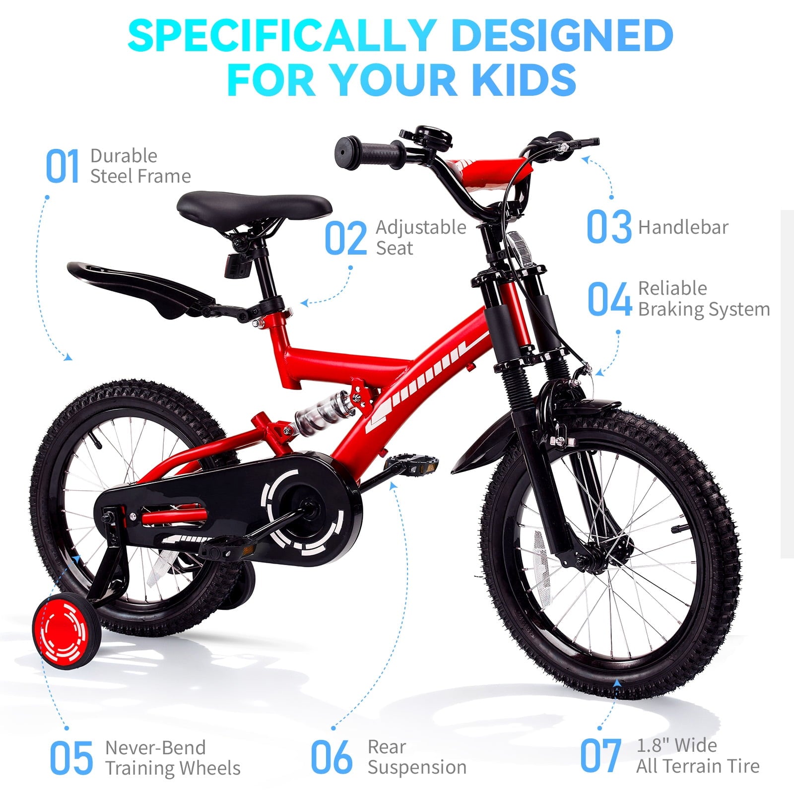 Fenbeli 18 Inch Kids Bike with Training Wheels for Girls Boys Ages 6-9, Red