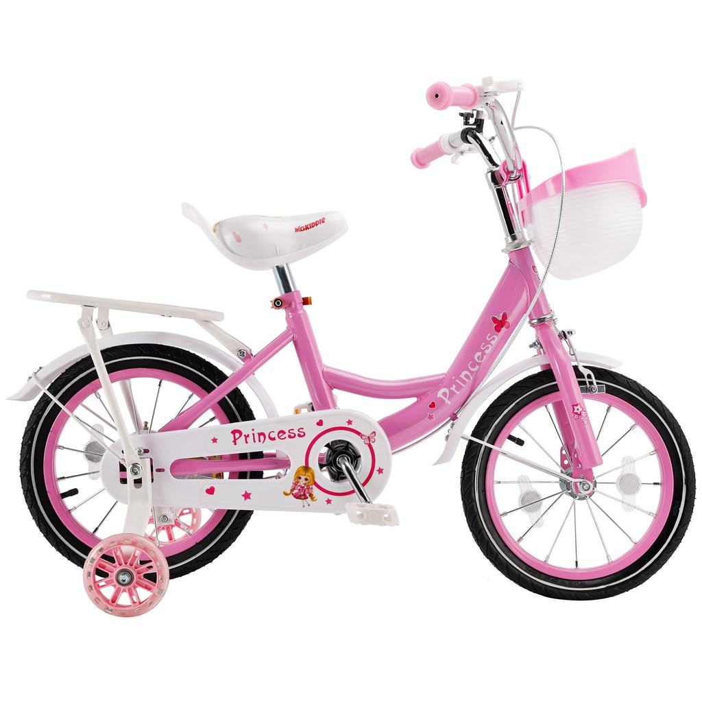 16 18 Inch Girls Bike for Toddlers and Kids Ages 4-9 Years Old, Kids Bike with Flashing Training Wheels & Basket, Girls Bicycle with Handbrake & Kickstand, Pink/Purple
