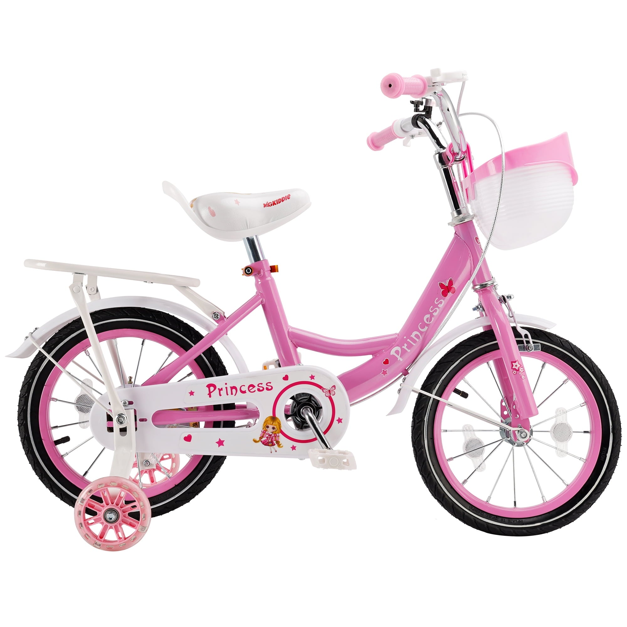 16 18 Inch Girls Bike for Toddlers and Kids Ages 4-9 Years Old, Kids Bike with Flashing Training Wheels & Basket, Girls Bicycle with Handbrake & Kickstand, Pink/Purple