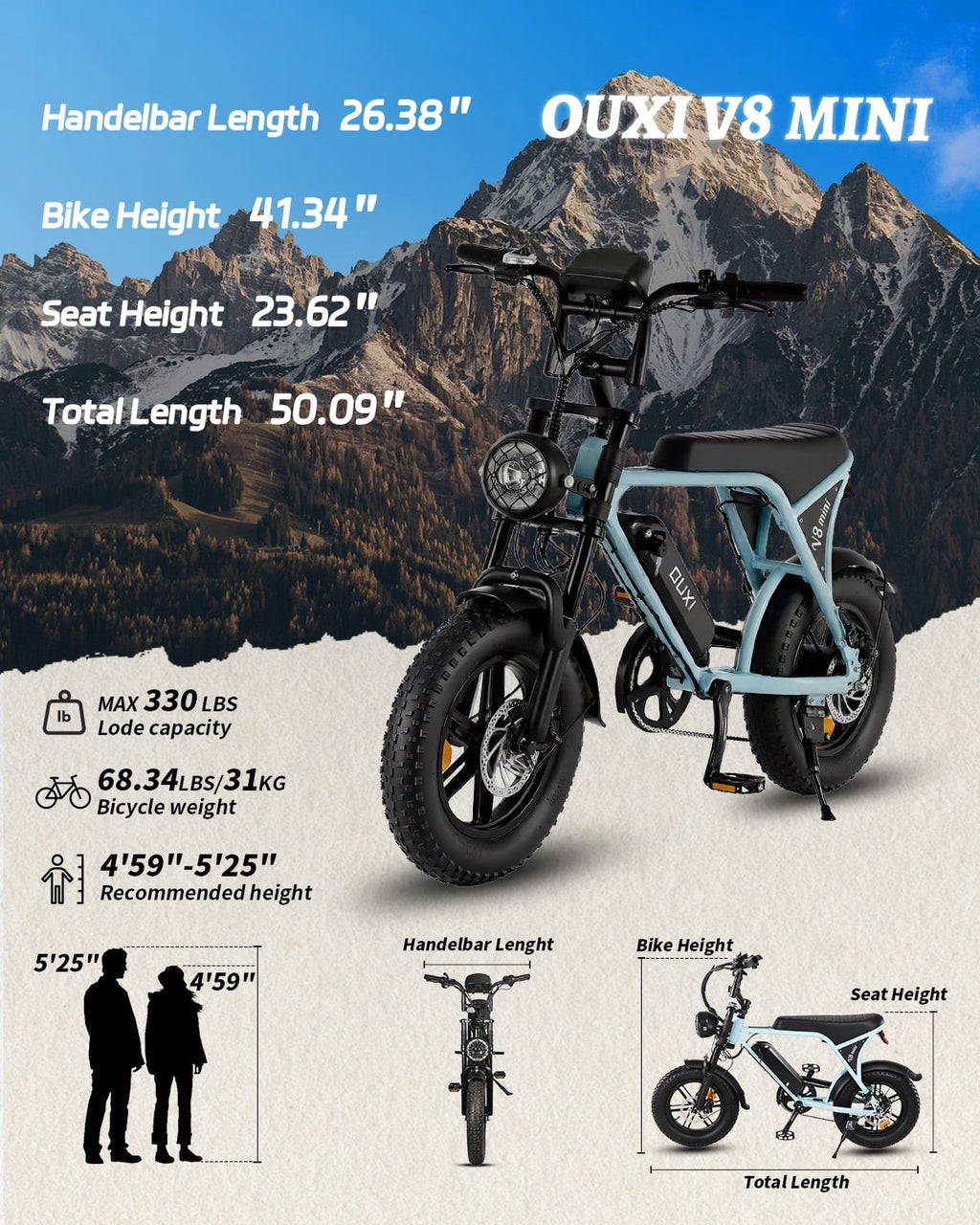 OUXI V8 Electric Bike for Adults, 20 Fat Tire Electric Mountain Bike Peak 750W, 48V 15Ah Battery, UL2849