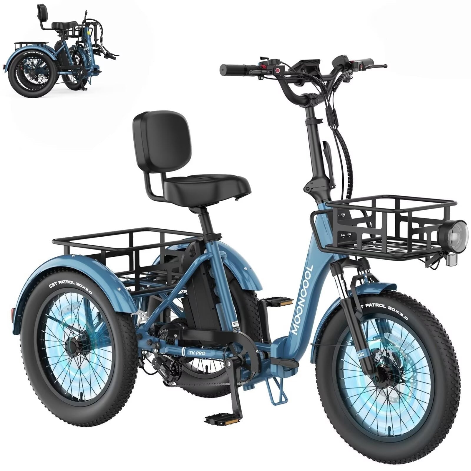 MOONCOOL TK Pro Foldable Electric Tricycle W/ Rearview mirror accessory Kit, 1500W Motor 48V 20Ah Battery, 20 Fat Tire Three Wheel 6-Speed Electric Mountain Bicycle for Adults