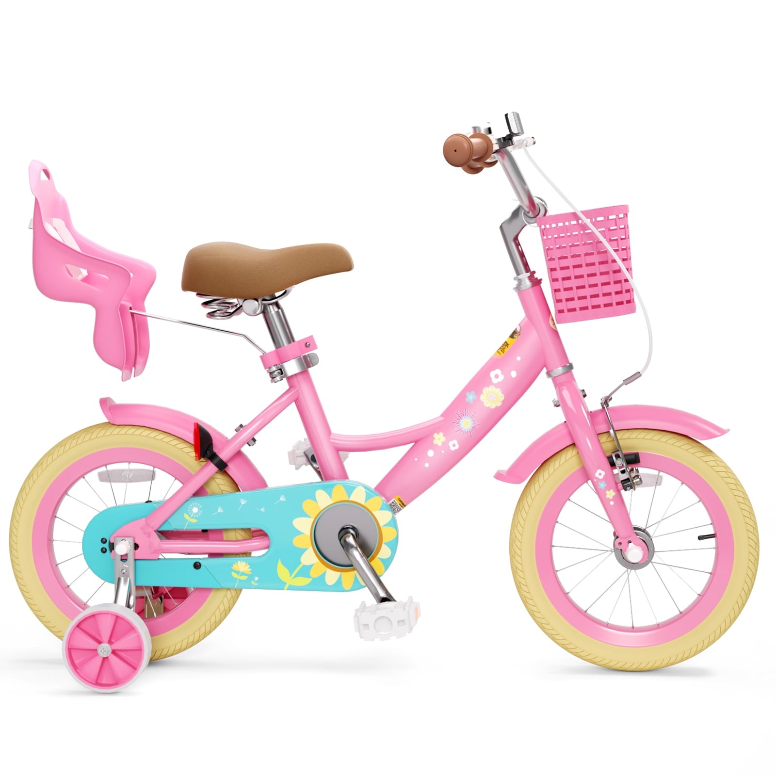 KORIMEFA Bikes for Girls 3-6 Years Old Toddlers, 12 inch Girls Bike with Training Wheels, Basket and Doll Seat, Children Bicycles with Handbrake, White