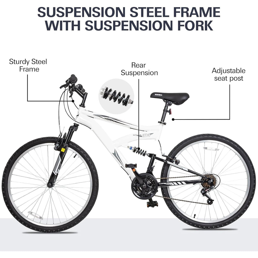Hykolity 26 in Mountain Bike Sport Bicycle, 18 Speed Mtb Cycling for Adult Men Women Age 14+, Dual Full Suspension Outdoor Sport Bikes, White