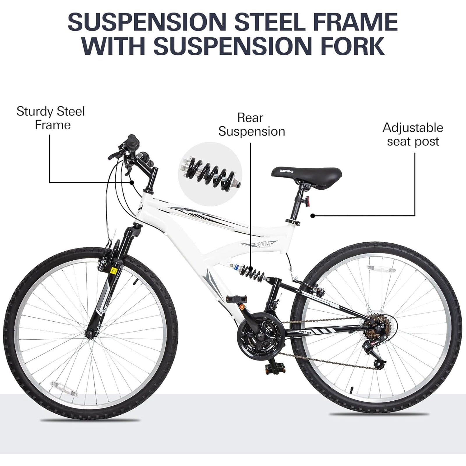Hykolity 26 in Mountain Bike Sport Bicycle, 18 Speed Mtb Cycling for Adult Men Women Age 14+, Dual Full Suspension Outdoor Sport Bikes, White