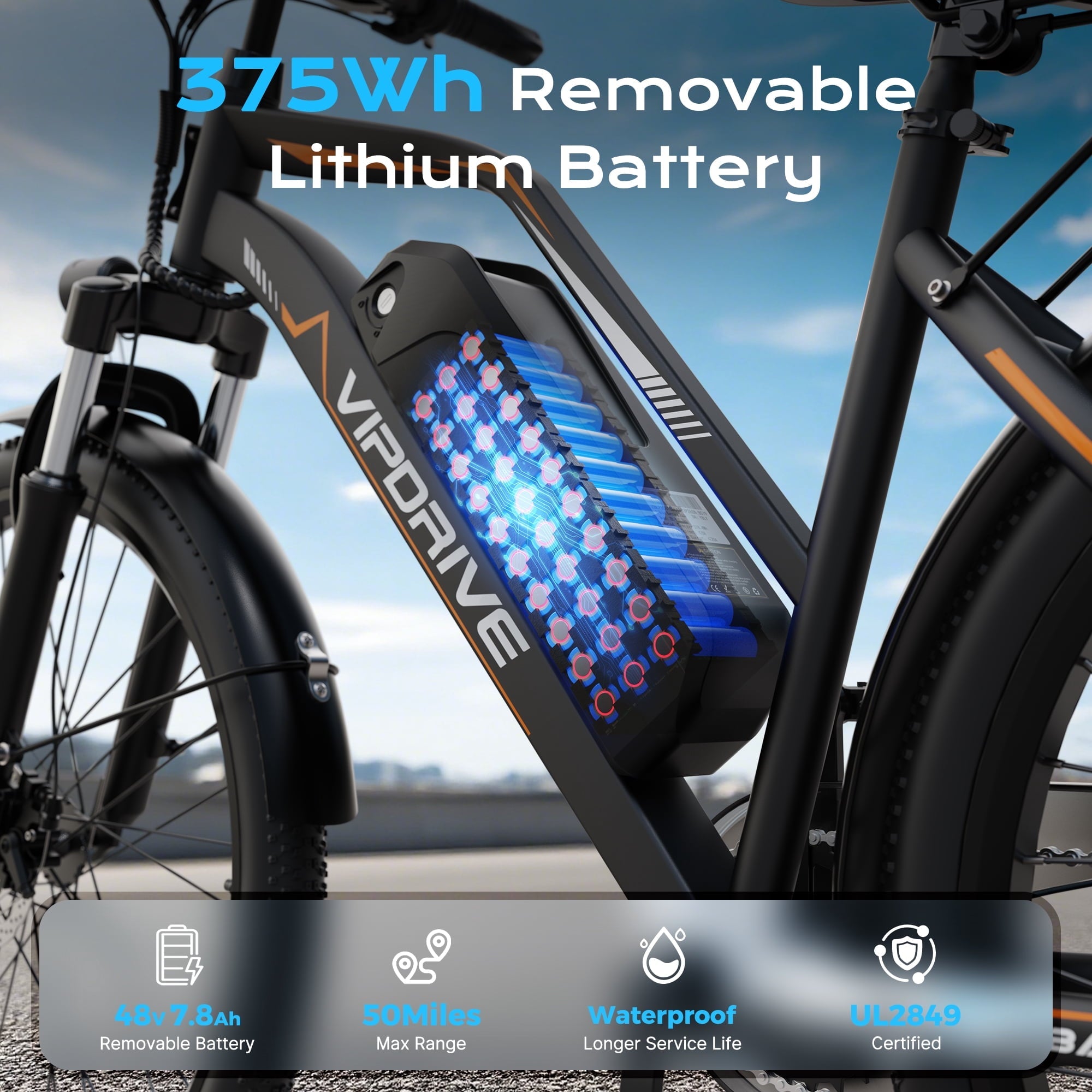 VIPDRIVE 26 Electric Bicycle for Adults & Women, Peak 750W Motor E-Bikes, 48V 7.8Ah Battery, 7-Speed, City Cruiser E-Bike, LCD Display, 50 Mi Range（UL2849）