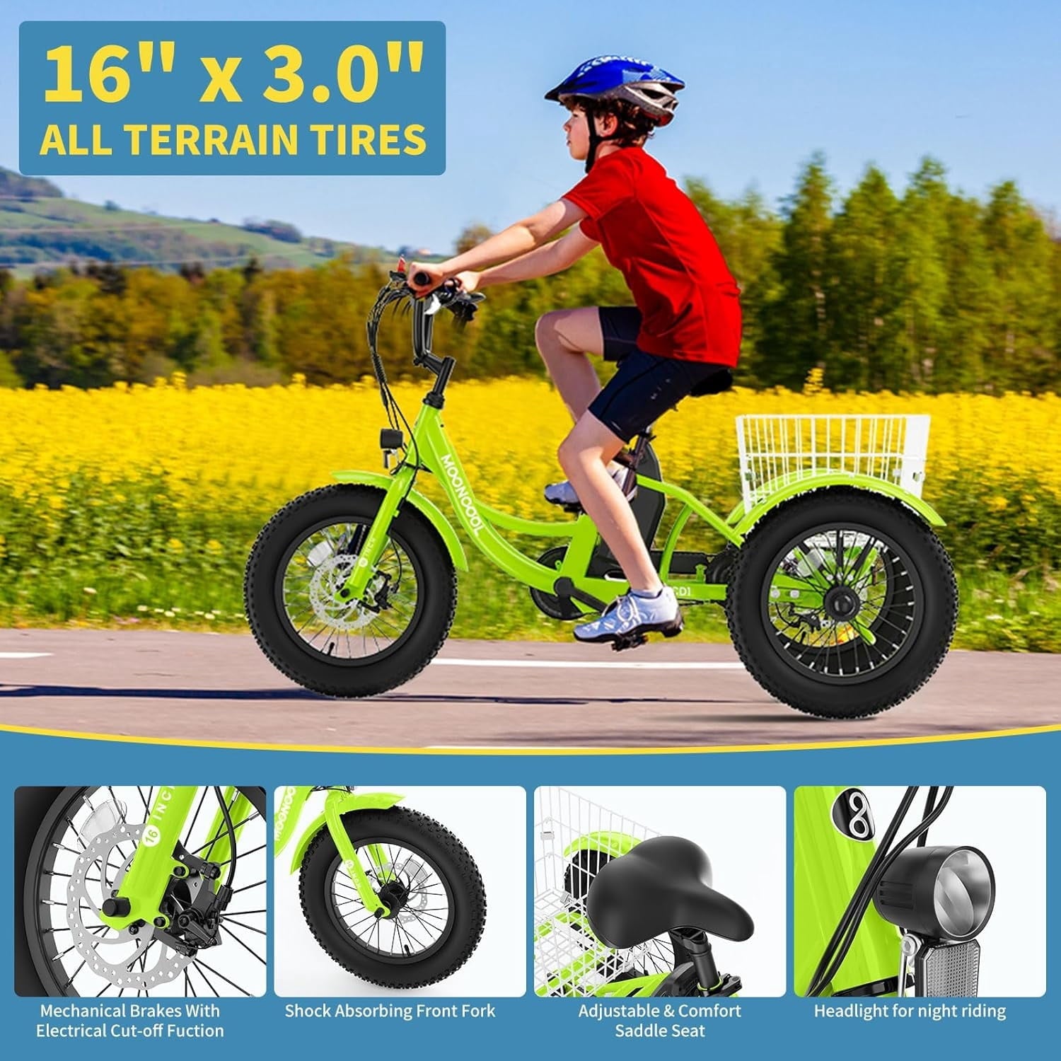 MOONCOOL Electric Tricycle for Kids ,16x3 3 Wheel 250W 10.4Ah Etrike W/ LED headlight & Rear Basket & horn bell & DIY stickers .6/9/12.5 MPH