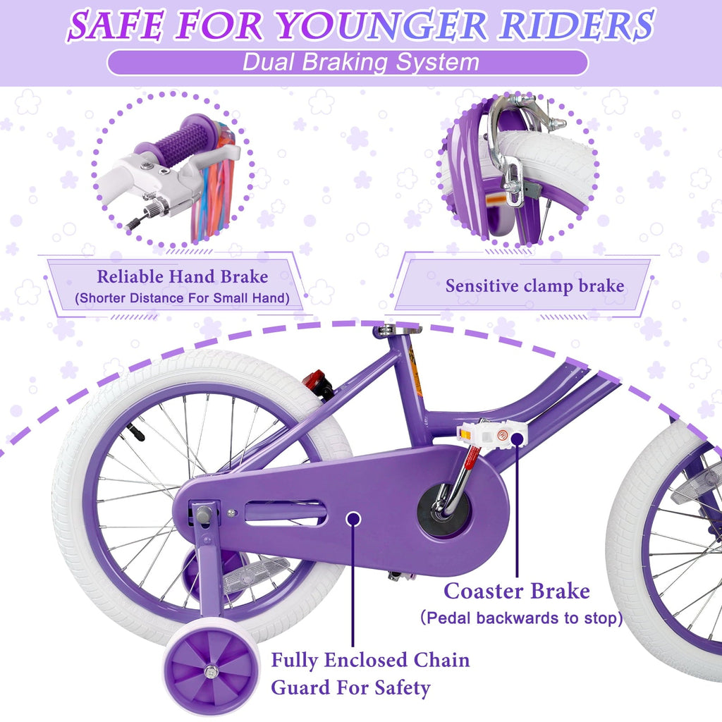 XJD Girls Bike for Toddlers 3-9 Years Old Kids, 16 Inch Kids Bike with Training Wheels, Streamers, Basket and Doll Seat, Children Bicycles with Handbrake