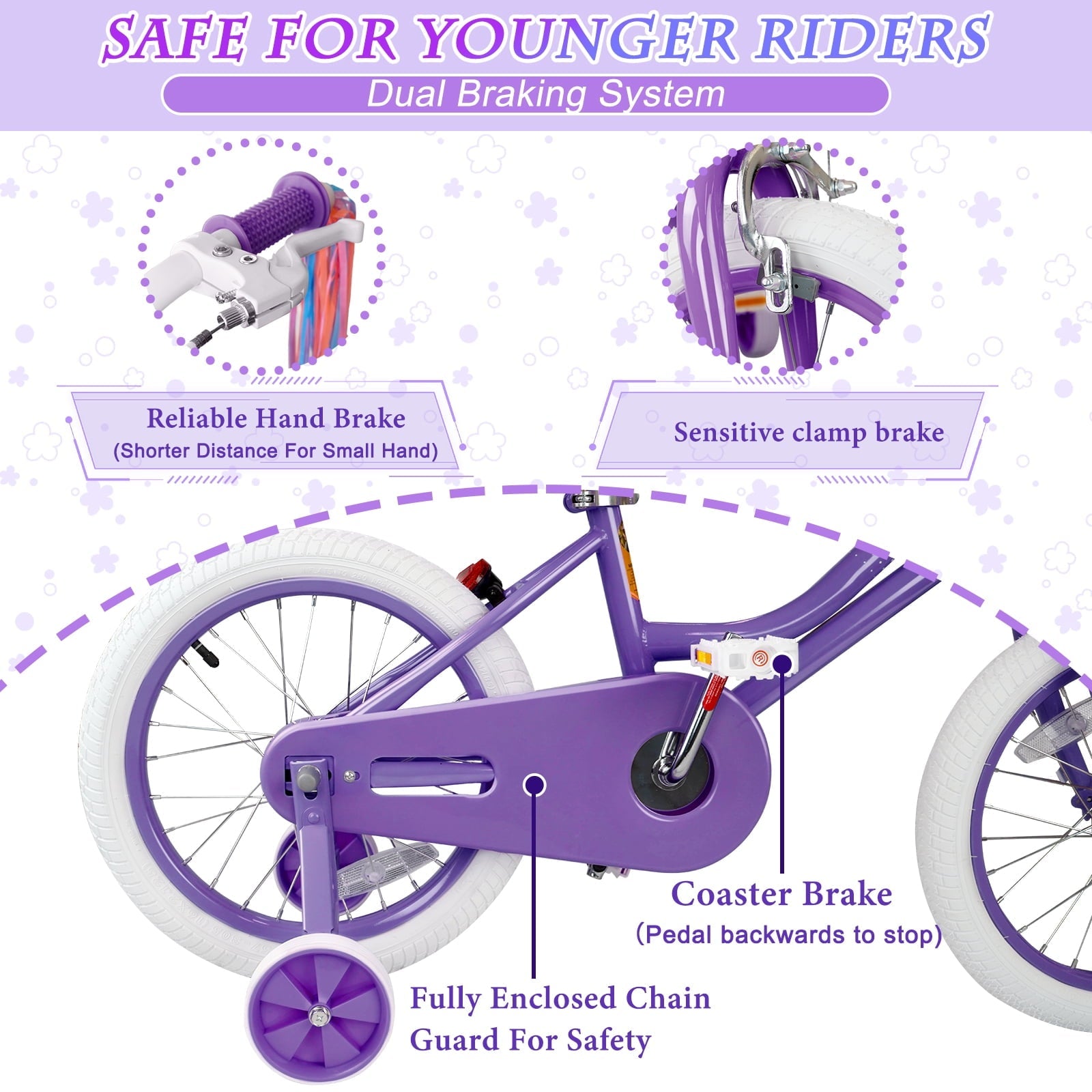 XJD Girls Bike for Toddlers 3-9 Years Old Kids, 16 Inch Kids Bike with Training Wheels, Streamers, Basket and Doll Seat, Children Bicycles with Handbrake