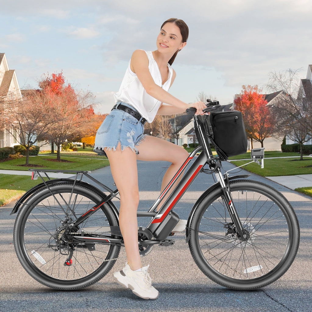 Elifine 500W Electric Bike for Adults, 26 Commuter Electric Bicycle 19.8mph City Ebike with 5 Riding Modes, 48V 7.8Ah Removable Battery UL 2849, LCD Intelligent Display Hybrid Electric Bike Red