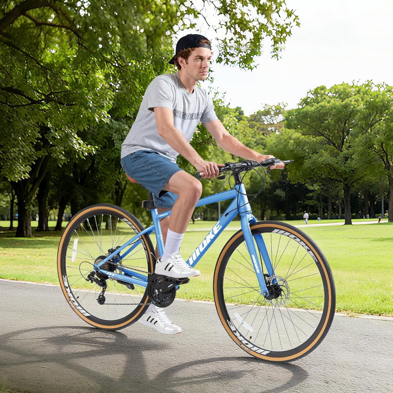 Mens Road Bike, NEORIVER 700C 24-Speed Hybrid Bike for Adults, Features Dual Disc Brakes, Trigger Shifting, Internal Wiring & Lightweight Frame for City Commuting