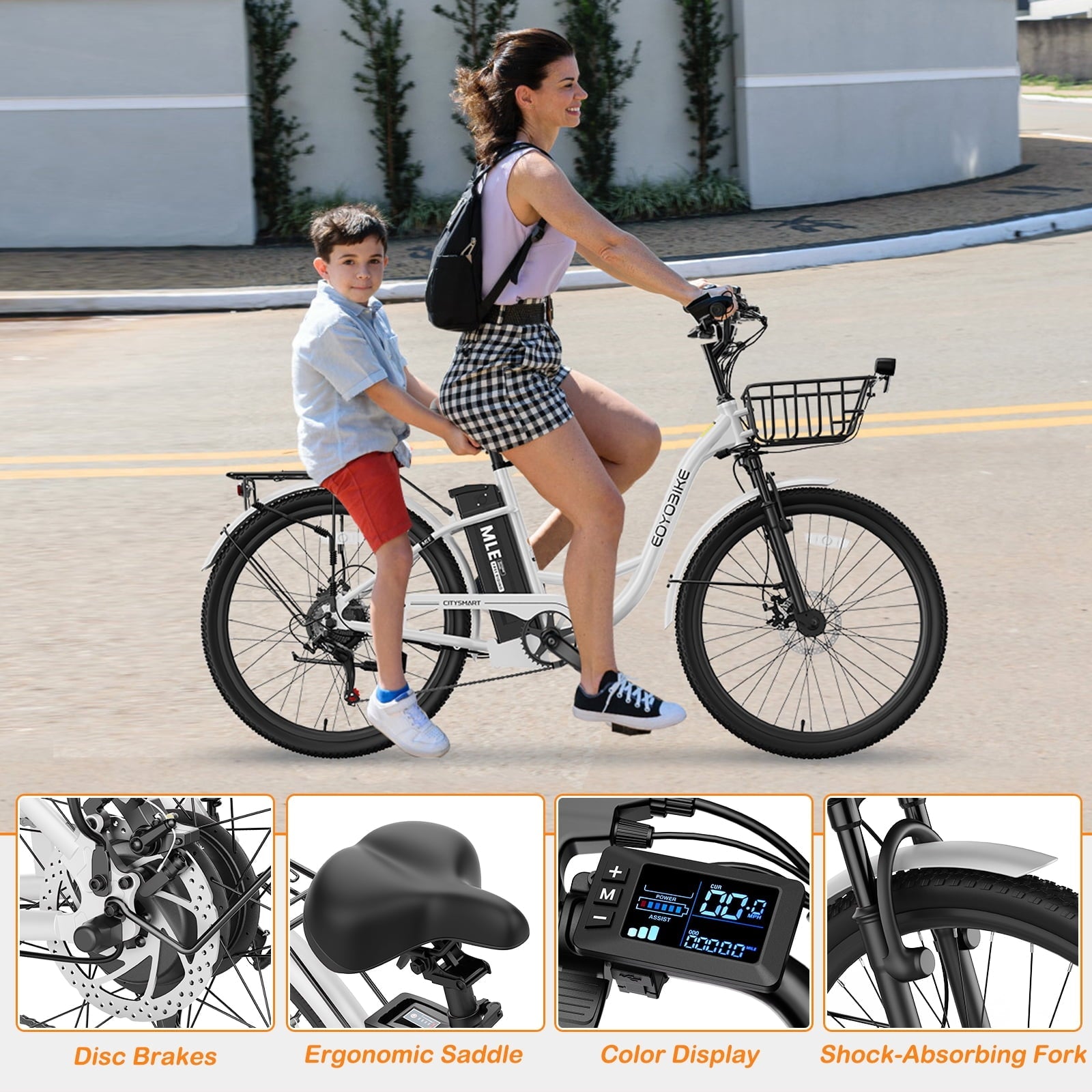 MOONCOOL Electric Bicycle for Adults 350W , 7-Speed Ebike with 36V 10.4Ah Removable Battery . 40 Miles Range , 20 mph Electric Commuter Bike for Women Men