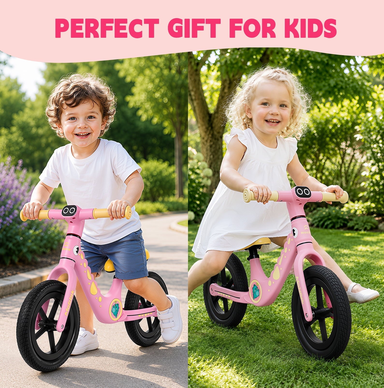 WLRETMCI 12 Kids Balance Bike, Glass Fiber Lightweight Toddler Bicycle for 2-5 Years Boys Girls, Pink