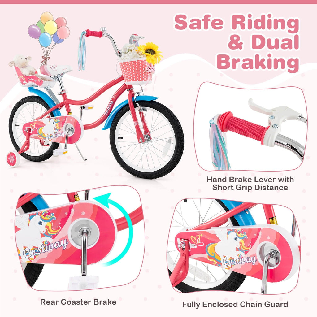 Costway 18 Inches Kids Bicycle with Training Wheels & Basket for Girls Age 4-8 Years Pink
