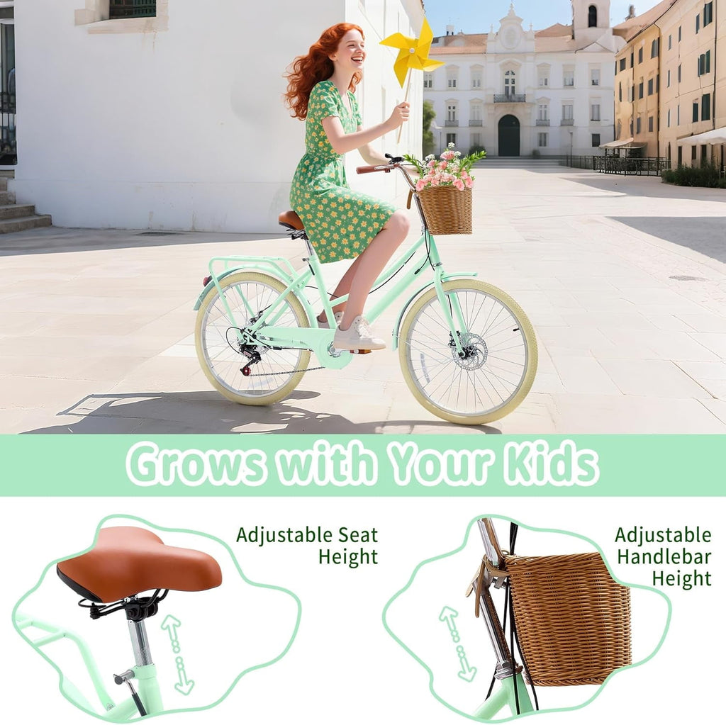 24 Beach Cruisers for Women, Pipleo Bikes for Women with Rattan Basket, 7-Speed & Step-Through Frame