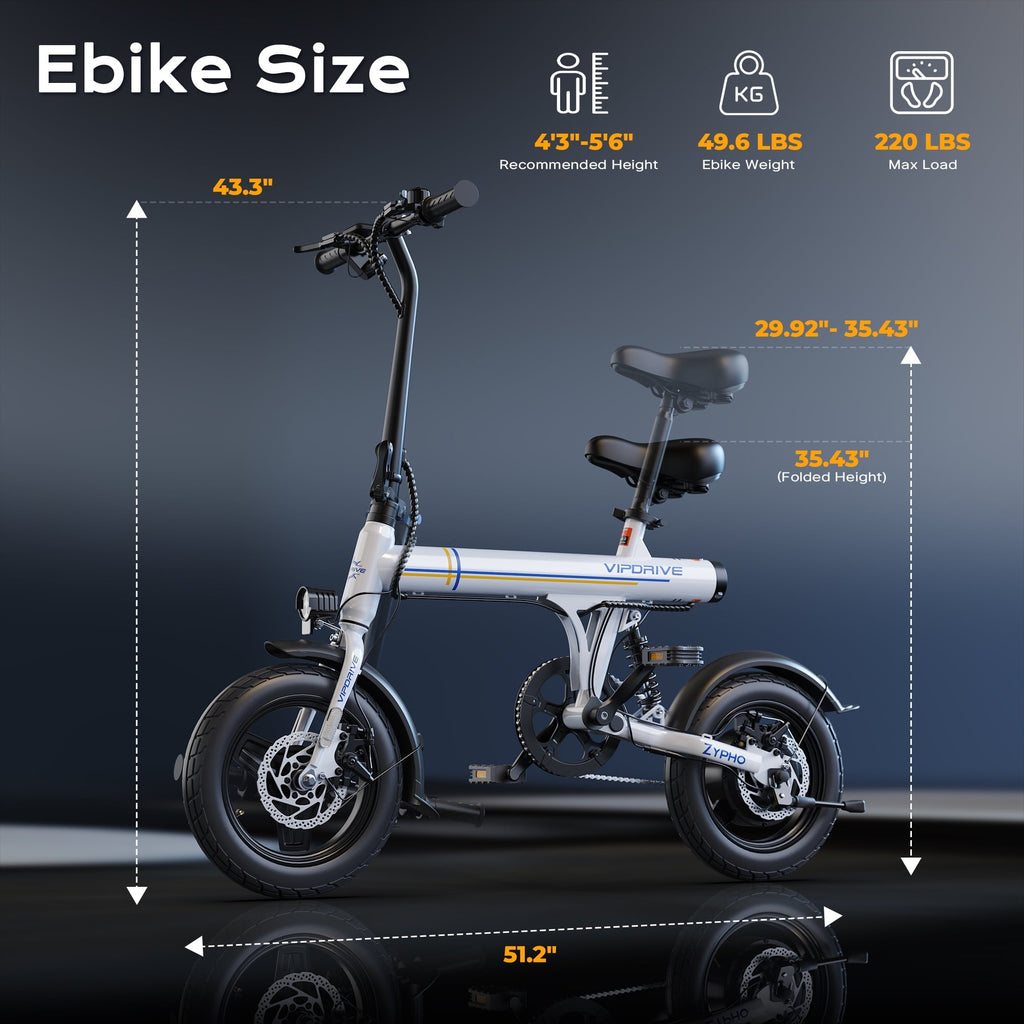 VIPDRIVE Electric Bike, 14 Folding EBike for Adults, 500W Peak Motor, 36V 7.8Ah Battery, 20MPH City Commuter E-Bike, Mini Ebike, LCD Display, UL2849