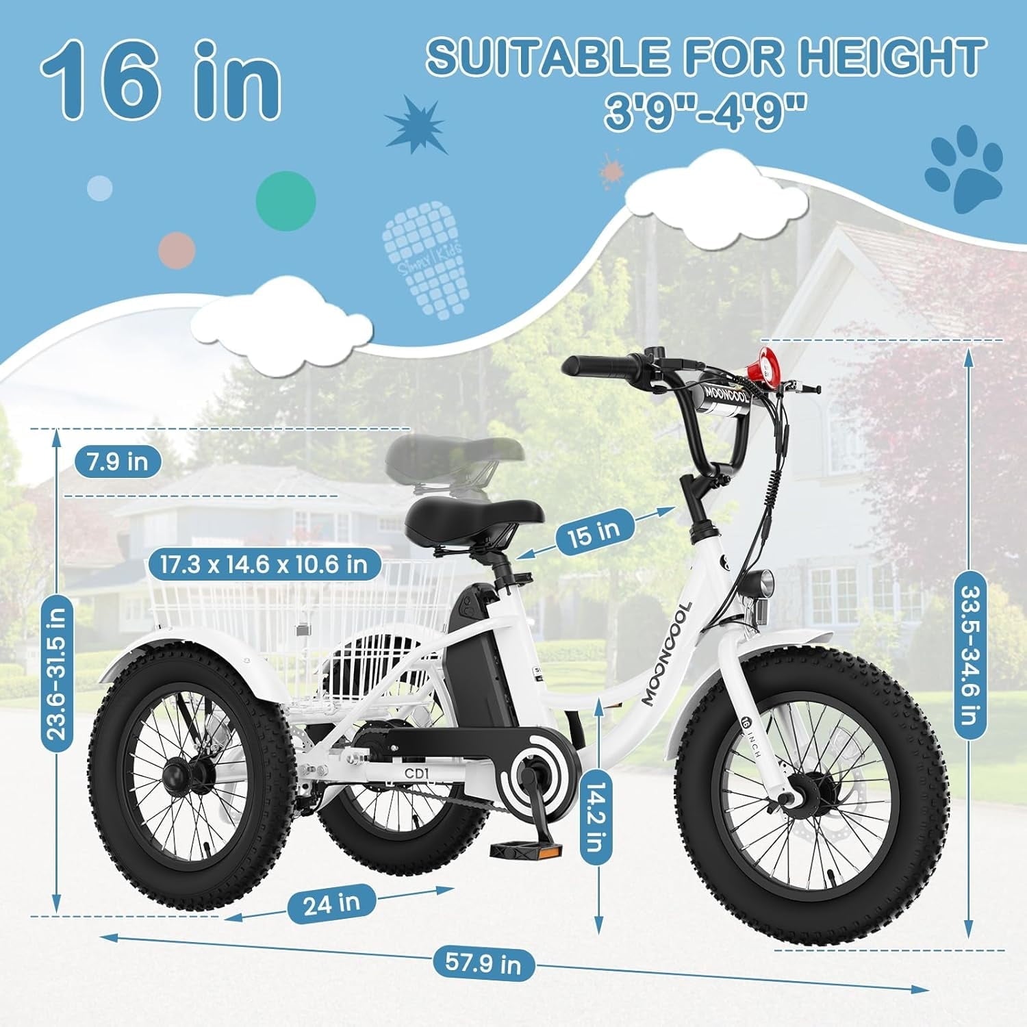 MOONCOOL Electric Tricycle for Kids ,16x3 3 Wheel 250W 10.4Ah Etrike W/ LED headlight & Rear Basket & horn bell & DIY stickers .6/9/12.5 MPH
