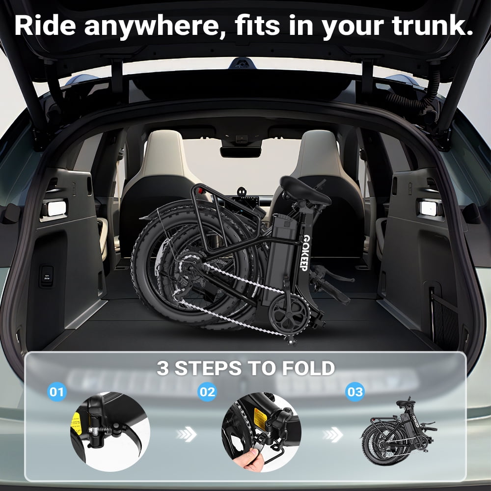 GOKEEP Folding Electric Bike for Adult, 52V 13Ah Removable Battery, 20 Fat Tire & Front Suspension Electric Bicycles, 7-Speed Commuter Ebike, UL2849, Black