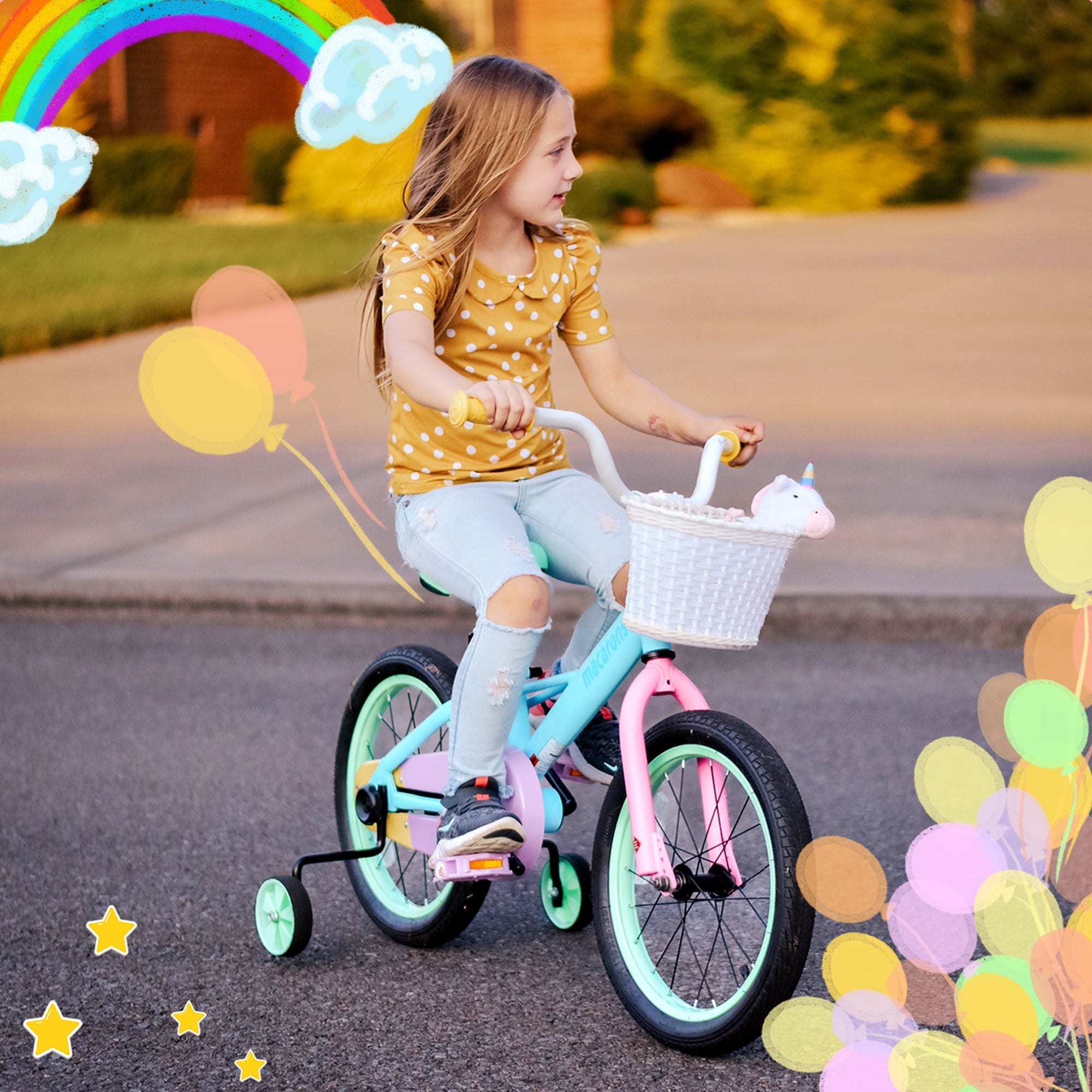 JOYSTAR 12 14 16 Kids Bike for 2-7 Years Girls 33-53 Inch Tall, Rainbow Toddler Bicycle with Basket, Training Wheels & Coaster Brake, 85% Assembled, Macarons