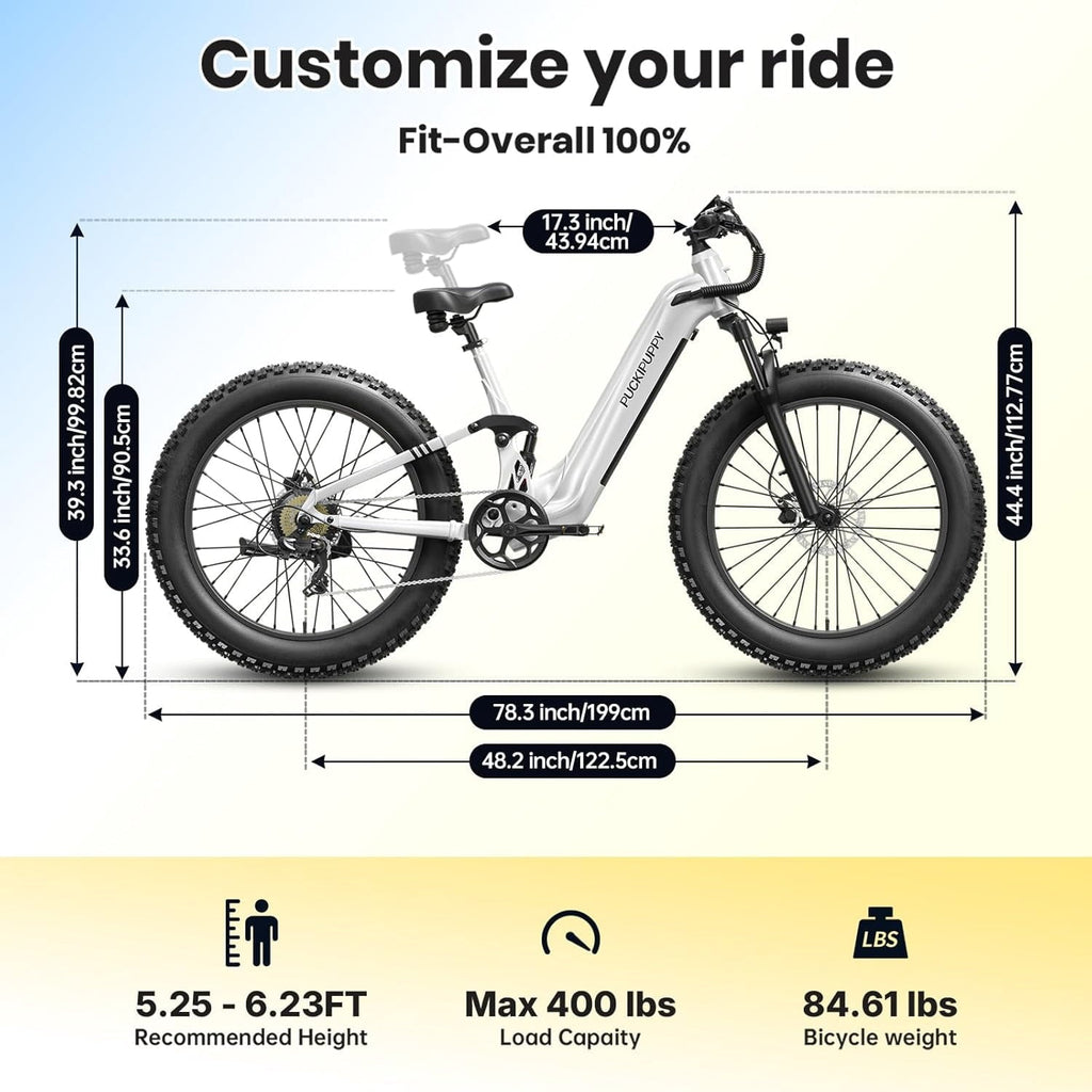 PUCKIPUPPY Electric Bikes for Adults 26 Step-Thru Ebikes 960W Peak Motor 80Miles Range 28mph Max Speed 48V 20AH Battery Full Suspension Fat Tire Mountain E Bike 7 Speed, Comply with UL2849 By SGS