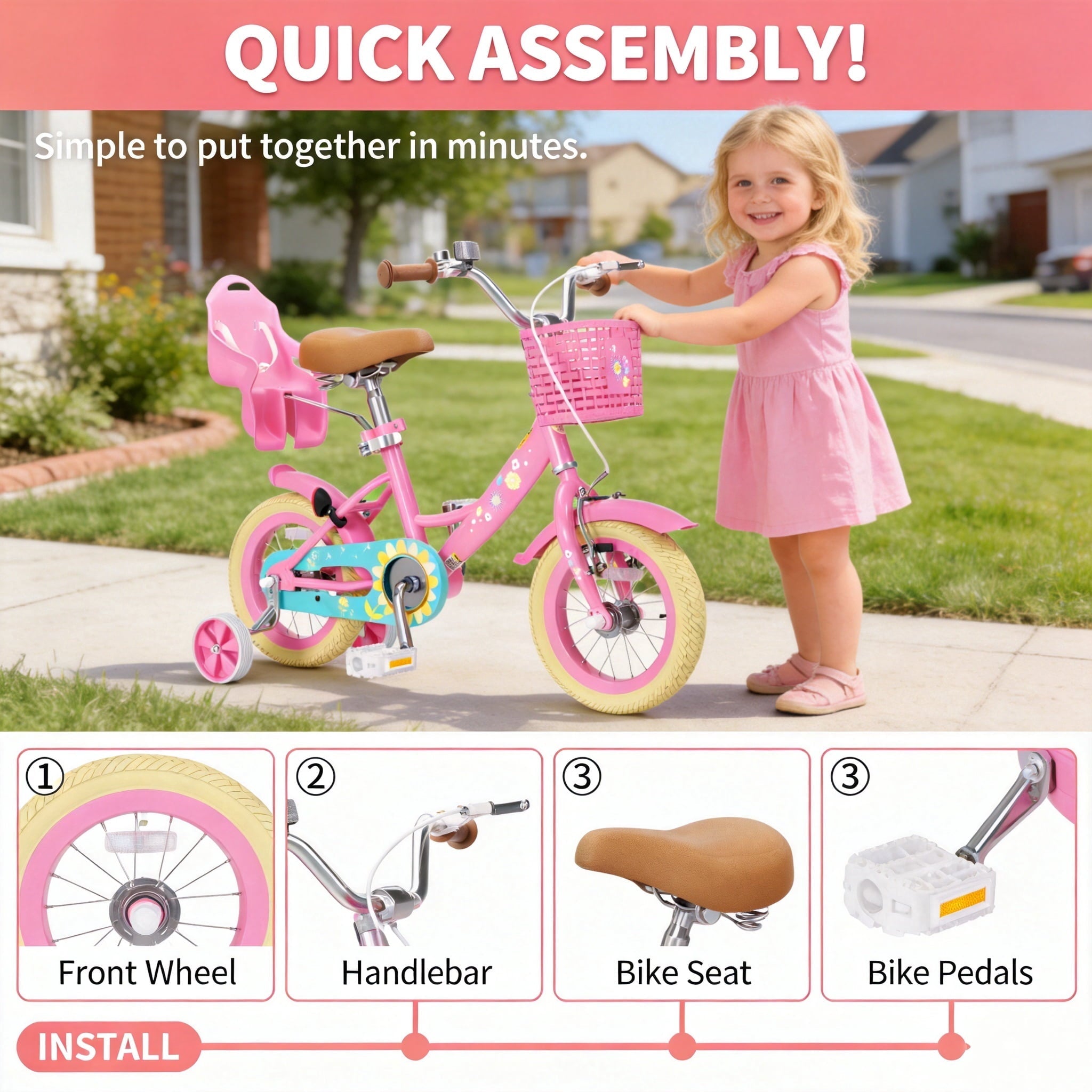 Korimefa Girls Bike for 3-9 Years Old Kids, 12 14 16 inch Kids Bike with Training Wheels, Basket and Doll Seat, Children Bicycles with Handbrake, Pink