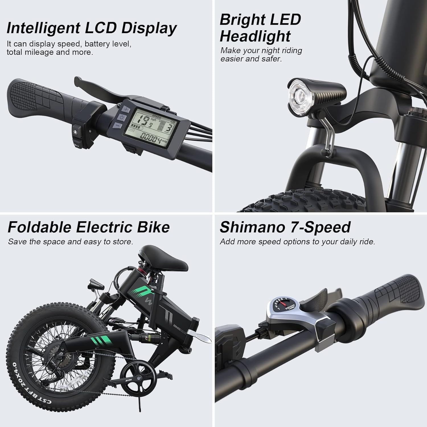 Wooken 20X4.0 Fat Tire Electric Bike for Adults, 500W Foldable Electric Bicycle with 48V 10Ah Built-in Battery, Shimano 7 Speed, Dual Shock Absorber