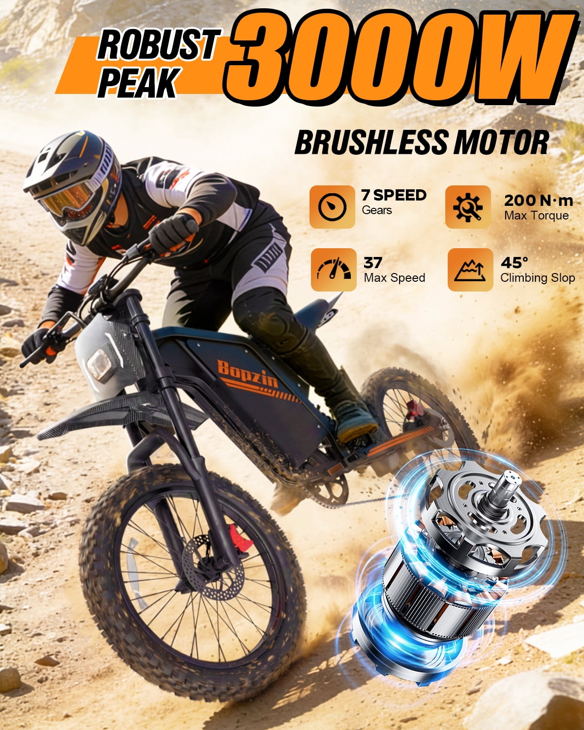 Bopzin Electric Dirt Bike for Adults, Smart App Anti-Theft, 60V 25Ah Up to 100 Miles, 3000W 20x3.0 Fat Tire Electric Bike UL2849
