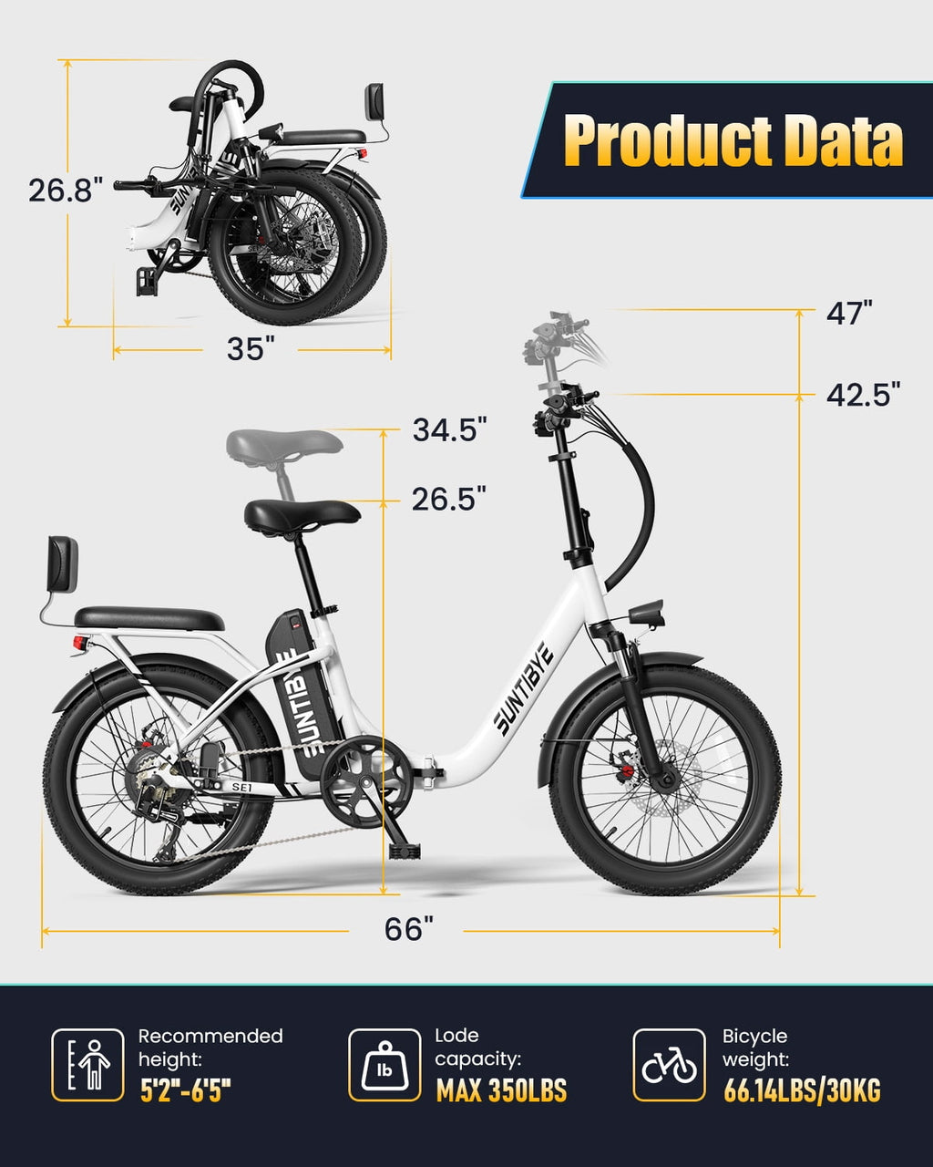 SUNTIBYE SE1 Folding Electric Bike for Adults, 1000W Motor, 28MPH, 48V 15Ah Battery, 20 Fat Tire E-Mountain Bike, UL2849, Black