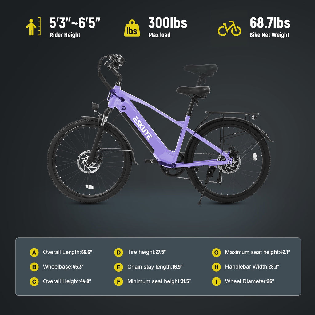 ESKUTE C200 70-Mile Electric Bike for Adults with 840Wh Removable Battery, 1300W Peak Power Ebike, Up to 28MPH Speed, 26 Tires, 7-Speed Adjustable Stem Step-Over E-Bicycle,Orange, UL2849
