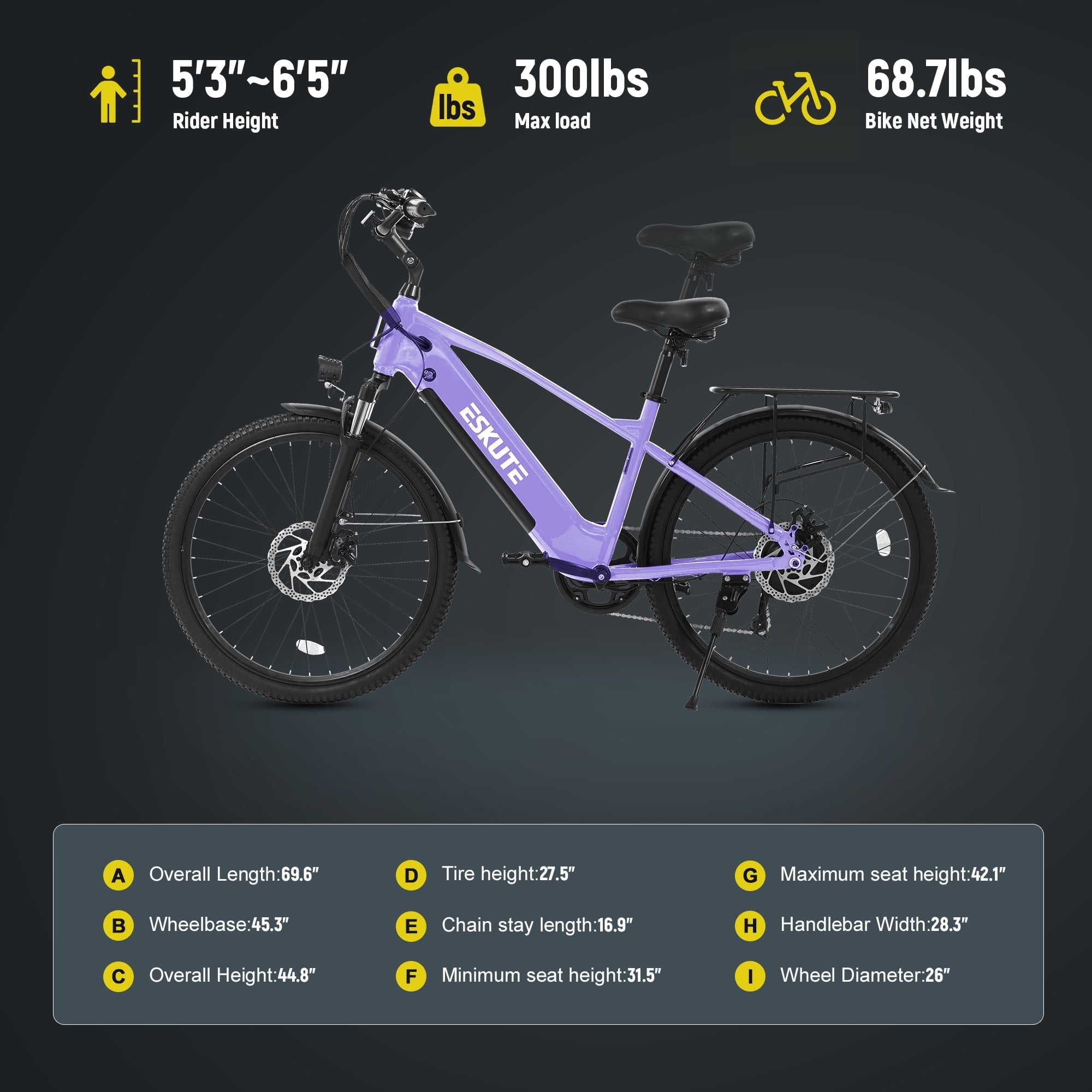 ESKUTE C200D 70-Mile Electric Bike for Adults, 840Wh Removable Battery, 1300W Peak Motor, Up to 28MPH, 26 Tires, 7-Speed Step-Over E-Bike White, UL2849