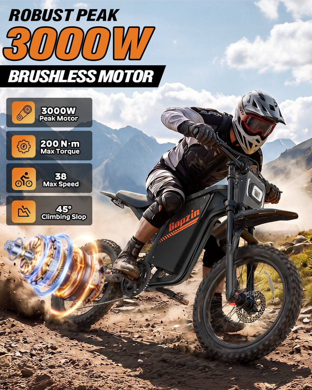 Bopzin Electric Dirt Bike for Adults, Smart App Anti-Theft, 60V 25Ah Up to 100 Miles, 3000W 20x3.0 Fat Tire Electric Bike UL2849
