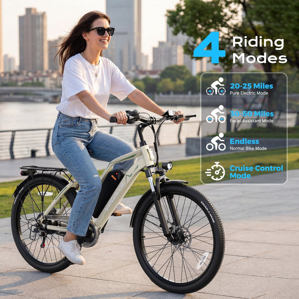 VIPDRIVE 26 Electric Bicycle for Adults & Women, Peak 750W Motor E-Bikes, 48V 7.8Ah Battery, 7-Speed, City Cruiser E-Bike, LCD Display, 50 Mi Range（UL2849）
