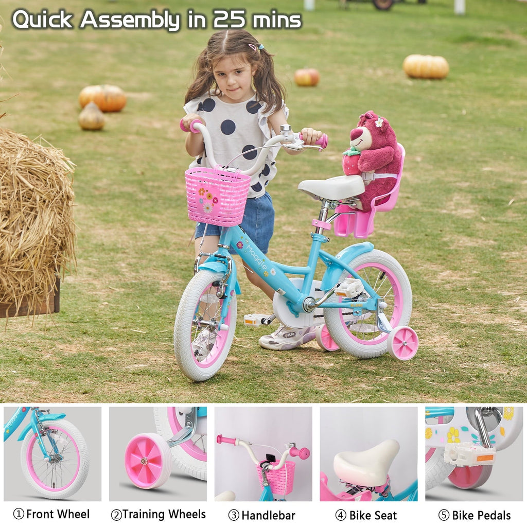 Glerc Maggie 14 inch Kids Girls Bike for Ages 3-5 Years Old Children, Princess Style Kids Bicycle with Doll-Seat & Basket & Training Wheels, Pink
