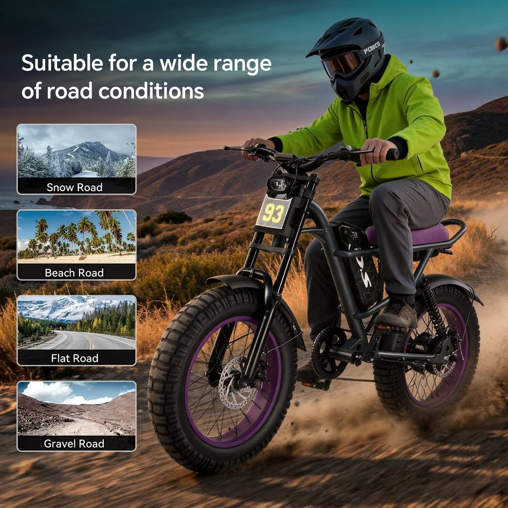 DRIFT.SLIDE D93 Pro Electric Bike for Adults, 1500W Peak Ebike, 20 Mountain Bike, 48V 20.8Ah Waterproof Removable Battery, 37 mph Max – Purple
