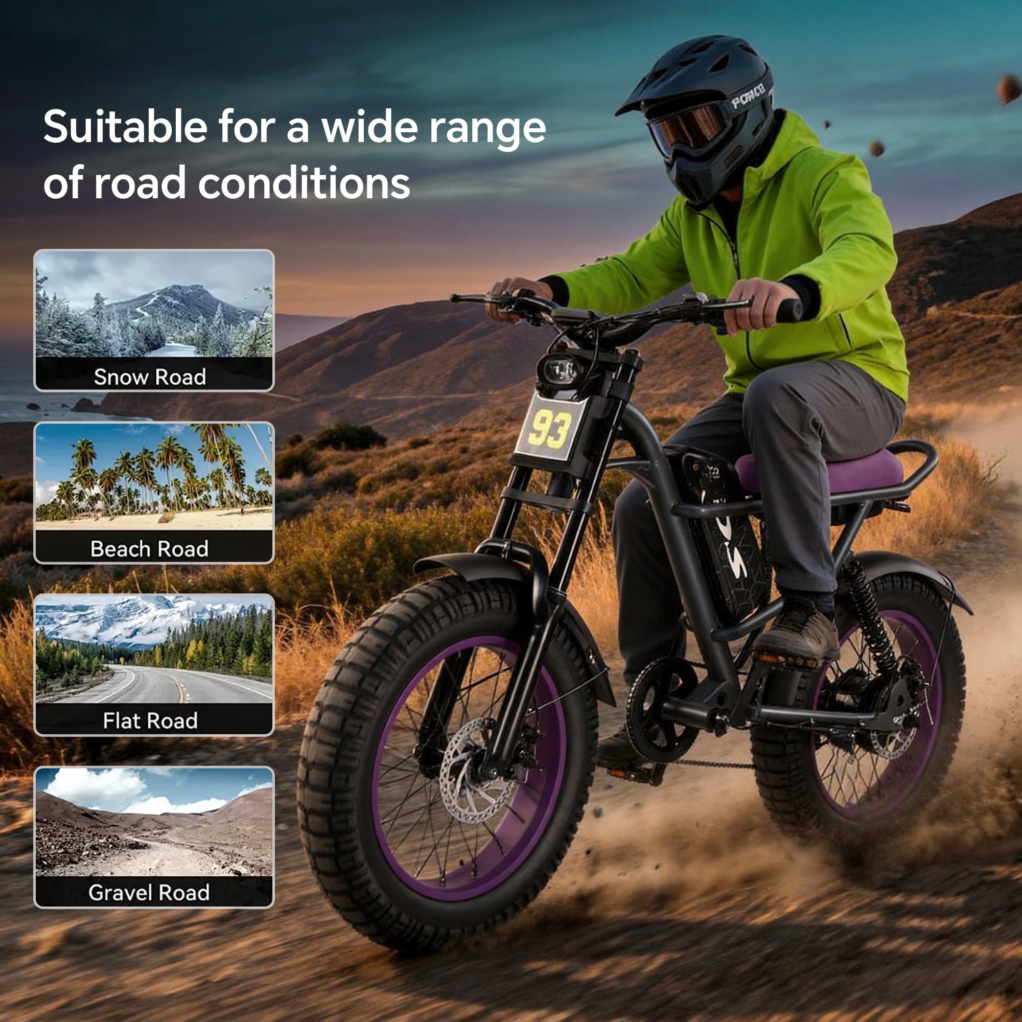DRIFT.SLIDE D93 Pro Electric Bike for Adults, 1500W Peak Ebike, 20 Mountain Bike, 48V 20.8Ah Waterproof Removable Battery, 37 mph Max – Purple
