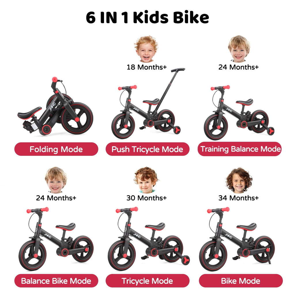 JMMD Toddler Bike with Push Handle for Kid 18-60 Months, 6 in 1 Foldable Tricycle with Training Wheel, Pedals, Kid Balance Bike for Boy & Girl, Black