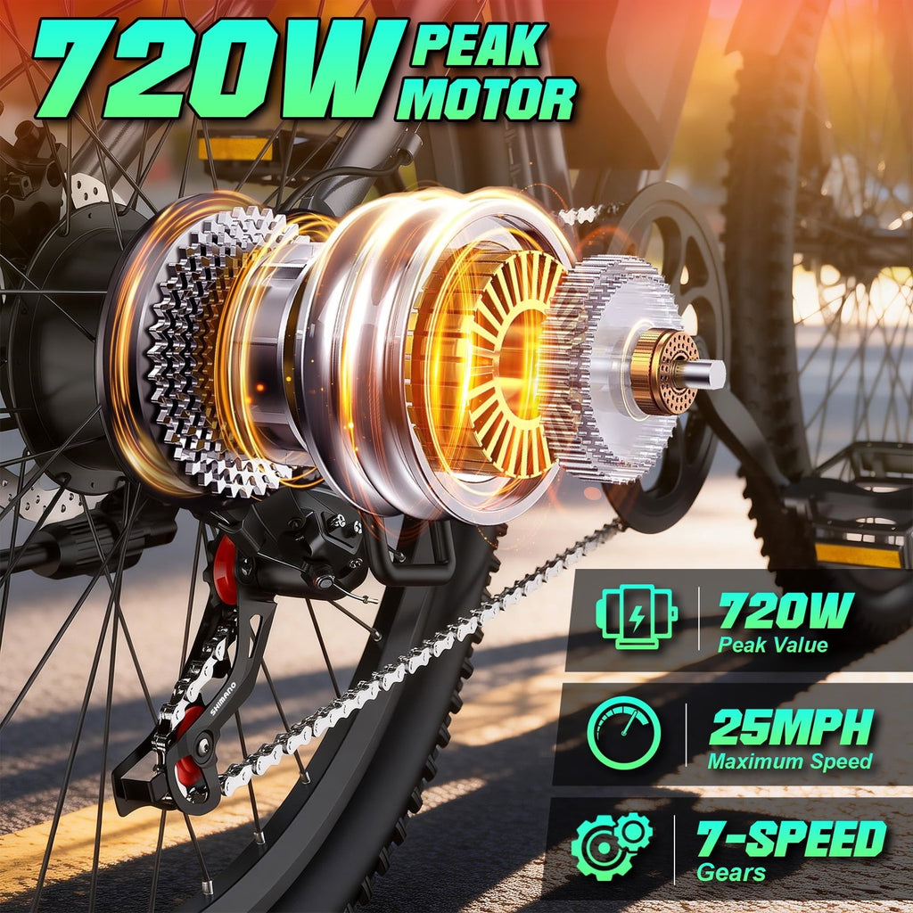 Electric Bike for Adults, 26 Commuter Ebikes with 7-Speed Gears, 25MPH, 720W Peak Motor, Removable Battery, 50 Miles Range, Electric Mountain Bicycle for All Terrain UL2849
