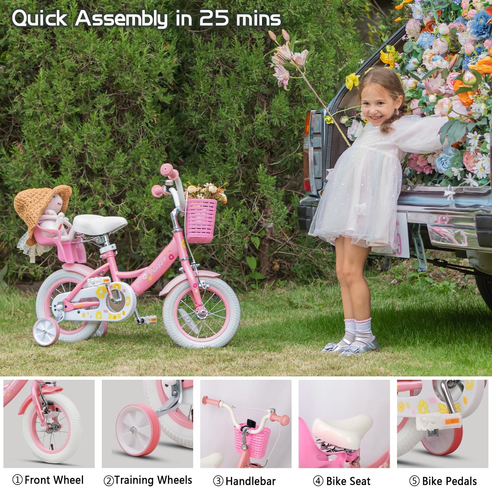 Glerc Maggie 14 inch Kids Girls Bike for Ages 3-5 Years Old Children, Princess Style Kids Bicycle with Doll-Seat & Basket & Training Wheels, Pink