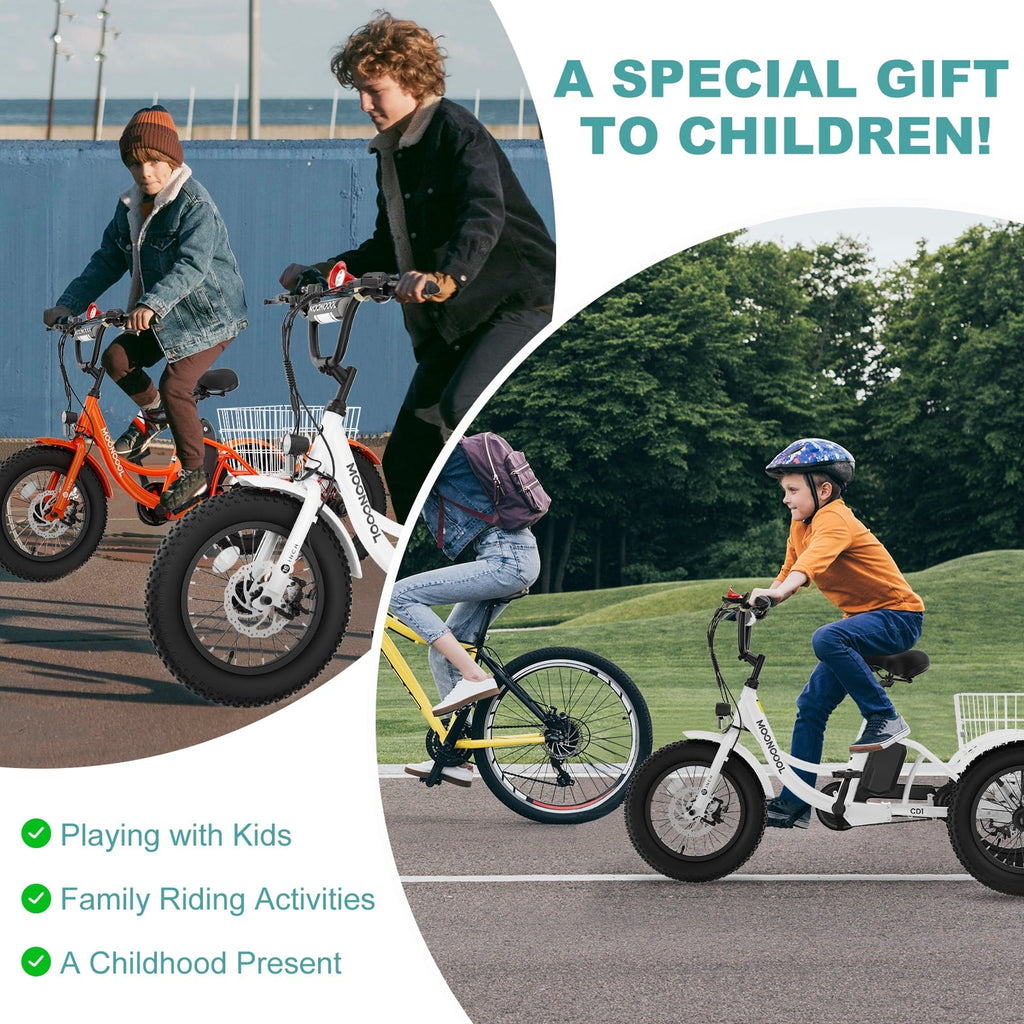 MOONCOOL Electric Tricycle for Kids ,16x3 3 Wheel 250W 10.4Ah Etrike W/ LED headlight & Rear Basket & horn bell & DIY stickers .6/9/12.5 MPH