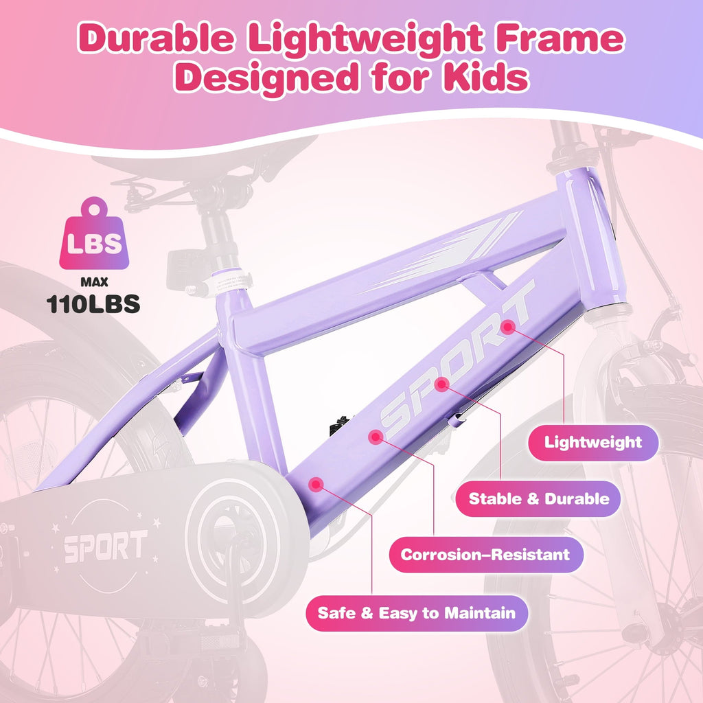 Lookfly 16 Kids Bike for Boys and Girls with Removable Training Wheels,Children's Cicycle,Purple
