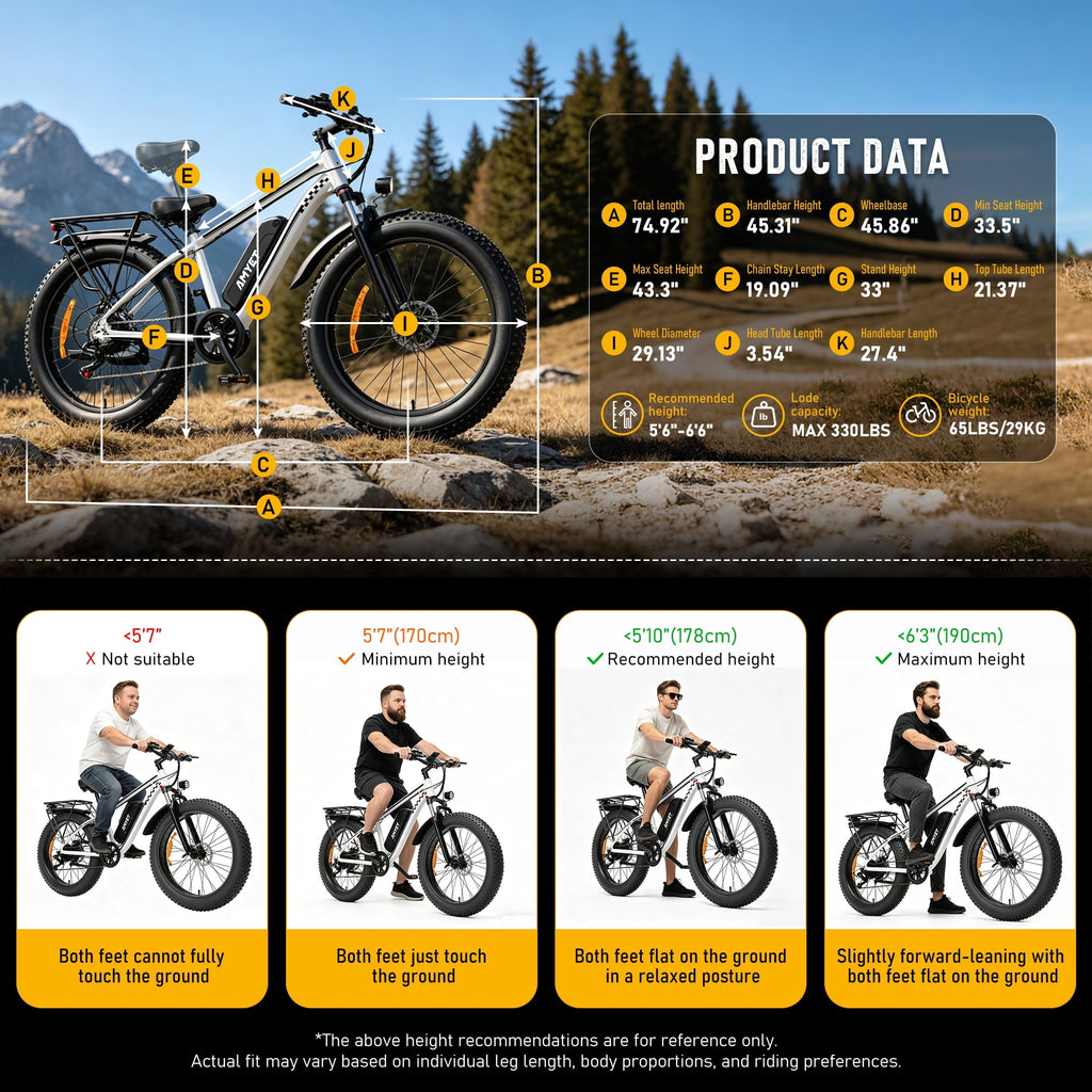 AMYET EB26 Electric Bike for Adults, Peak 1500W 48V 15Ah, 26 Fat Tire Ebike, E-Mountain Bicycle, UL2849