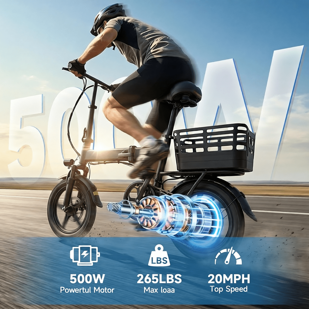 XLNEFNZ 14 Folding Electric Bike for Teens and Adults, 500W Peak Brushless Motor, 432Wh Hidden Anti-Theft Battery, 20MPH 35 Miles, Rear Basket Lightweight Ebike, UL2849