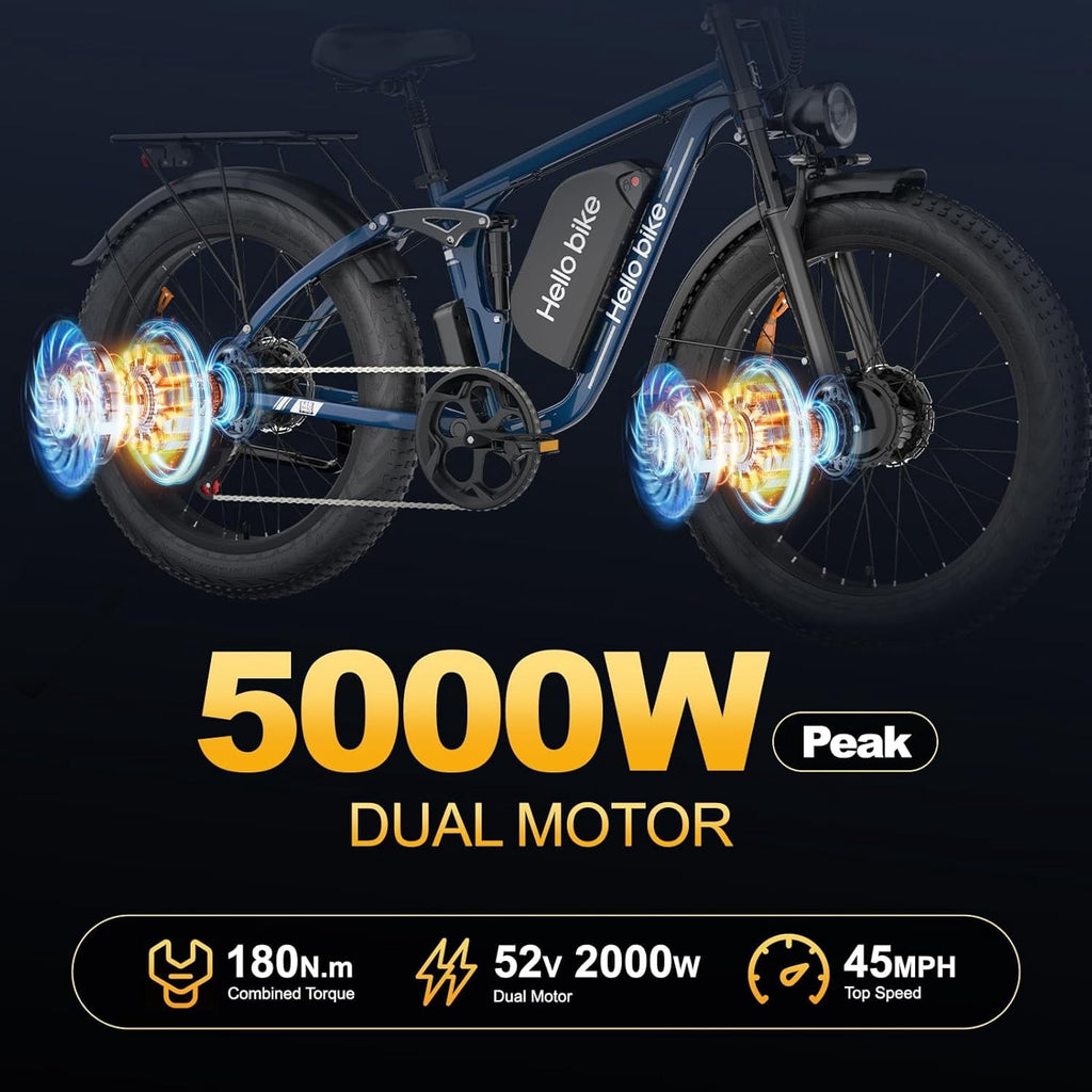 5000W Electric Bike for Adults, 52V 25Ah Max 45 mph 100 Miles, 26 Fat Tires City Commuting Ebike 7 Speed for Off-Road Mountain Riding UL 2849