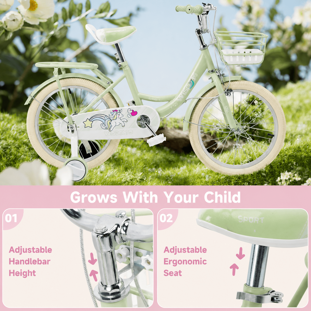 16/18 Inch Bike Kids Bicycle with Basket, Girls Bikes Ages 5-10, Kids Bicycles with Front and Rear Brakes, Kid Bike with Training Wheels, Kickstand, Rear Seat