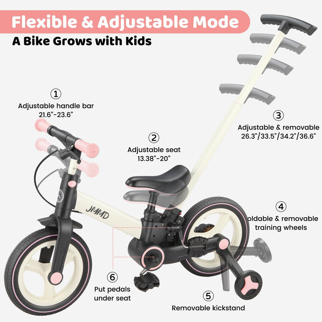 JMMD Toddler Bike with Push Handle for Kid 18-60 Months, 6 in 1 Foldable Tricycle with Training Wheel, Pedals, Kid Balance Bike for Boy & Girl, Black