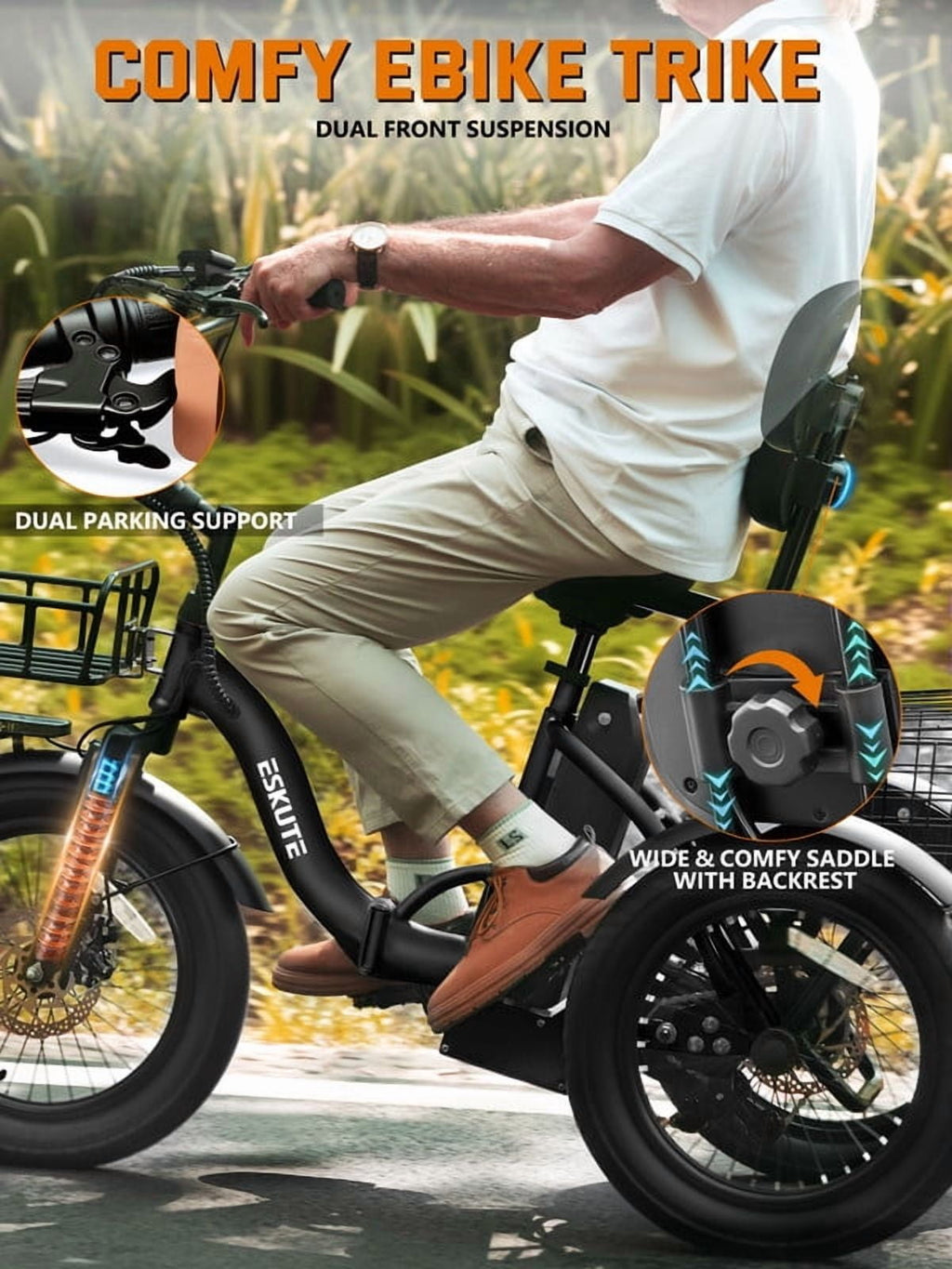 ESKUTE Electric Tricycle for Adults, 1200W Peak Motor, Up to 55 Miles Range, 624Wh Removable Battery, Folding 3-Wheel Ebike with 18x3.0 Fat Tires, Step-Through Red, UL2849