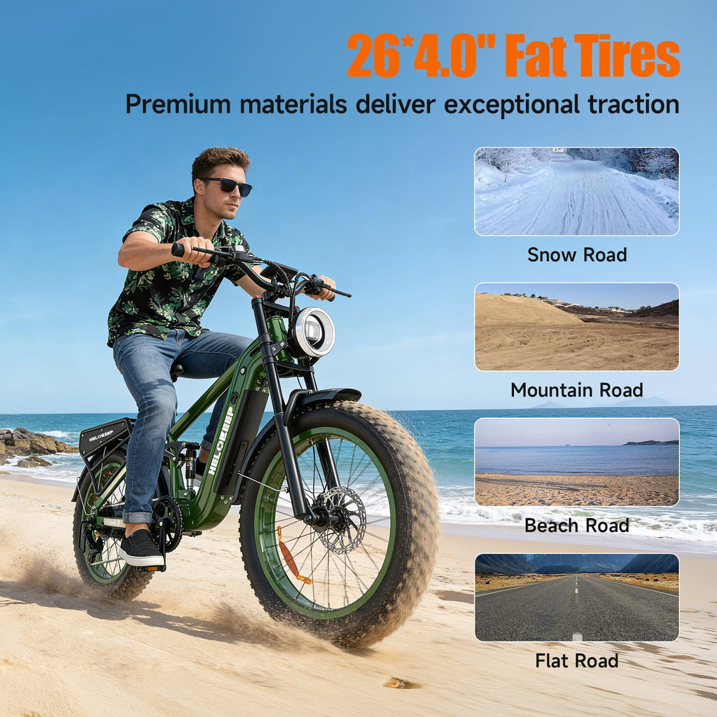 Helokeep 26 Green Fat Tire High Performance Cargo Electric Bike for Men, 4000W Peak 2000W, 40MPH, 48V 25Ah UL2849 Off-Road Ebike